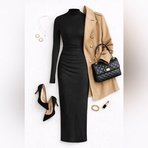 Women's Black Long Sleeve Bodycon Midi Dress